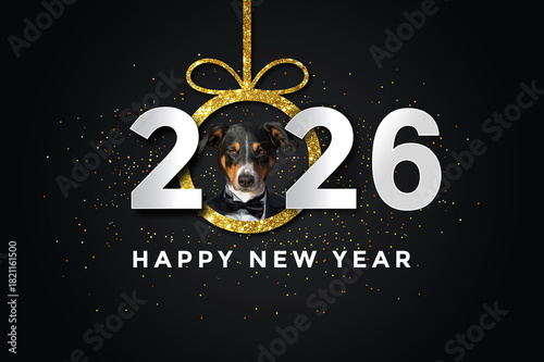 Happy New Year 2026 – Festive Holiday Card with Dog in Tuxedo and Golden Ornament