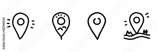 Location Pin Line Icon Set In Doodle Style. Navigation, Travel, And Map Marker Outline Sketch Collection. Geolocation And Destination Tracking Symbols. Hand Drawn Isolated Vector Illustration