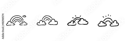 Rainbow And Clouds Line Icon Set In Doodle Style. Weather, Hope, And Positivity Symbols Outline Sketch Collection. Hand Drawn Isolated Vector Illustration