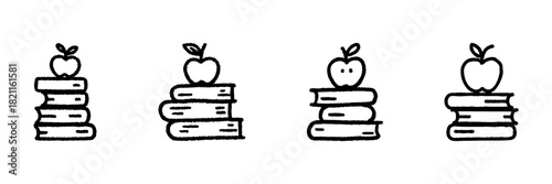 Apple On Books Line Icon Set In Doodle Style. Education, Knowledge, And Learning Symbol Outline Sketch Collection. Academic And Nutritional Balance. Hand Drawn Isolated Vector Illustration