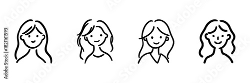 Female Faces Line Icon Set In Doodle Style. Diverse Expressions And Hairstyles Outline Sketch Collection. Character Design And Illustration. Hand Drawn Isolated Vector Illustration