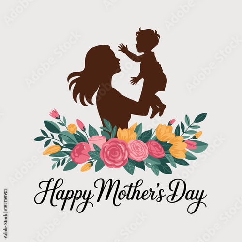 Minimalist Mother's Day Illustration with Mother and Child, Floral Bouquet, and Elegant Typography.