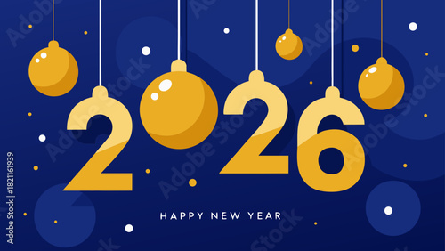 Illustration of the year two thousand twenty six with christmas ornaments against a dark blue background