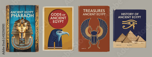 Ancient egypt pharaoh and god themed poster design templates, flat vector style with treasures, symbols, pyramids, and historical cultural artwork for advertising and educational materials.
