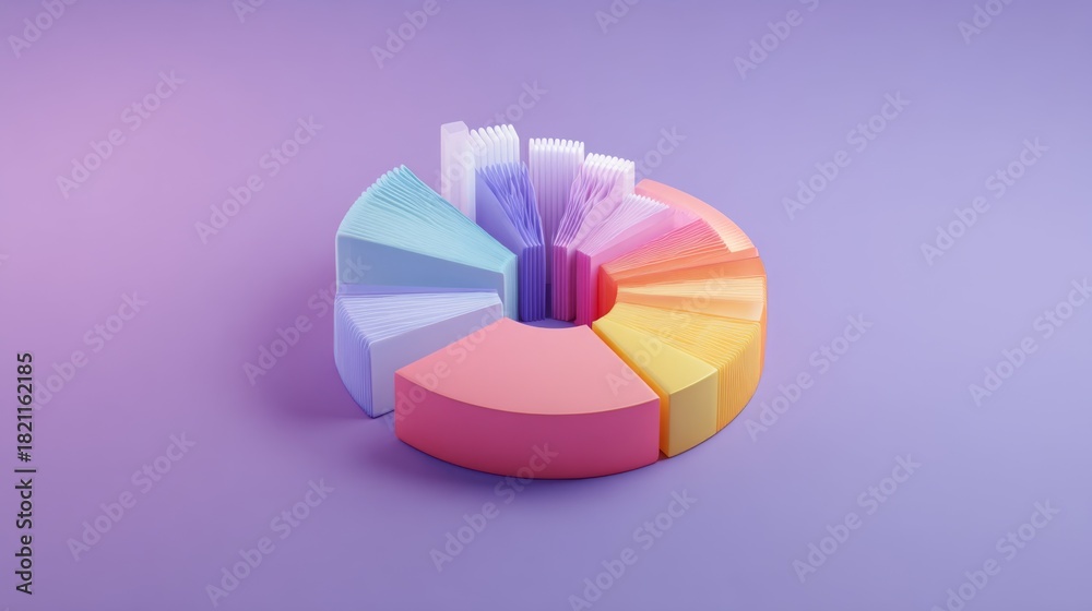 Obraz premium Vibrant 3D Chart Illustration on Soft Purple Background, Featuring Colorful Segments in Pink, Blue, Yellow, Orange, and White for Data Visualization