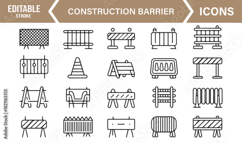 Minimal stroke icons of cones, barricades, divider panels, and hazard markers