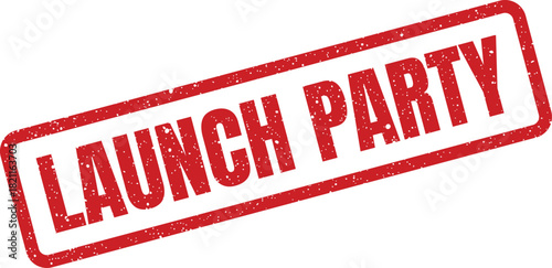 Distressed rubber stamp impression featuring an exciting celebratory message for a product debut event