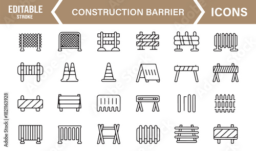 Work zone icon set featuring cones, caution barriers, and obstruction signs