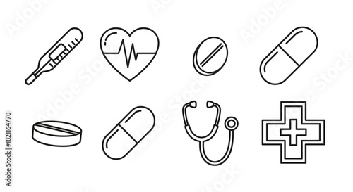 Medical and health line icons set thermometer, heartbeat, pills, capsules, stethoscope, cross. Perfect for healthcare and wellness design applications