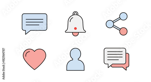 Modern digital communication icons message, notification, share, like, user profile. Essential symbols for social media, apps, and enhancing user experience