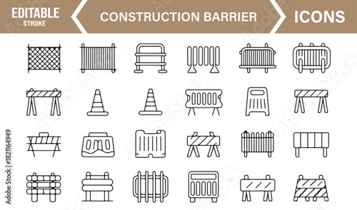 Minimal construction barrier outline icons for road safety and traffic control