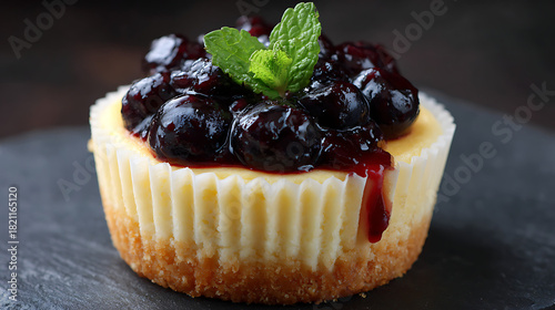 Delicious mini cheesecake topped with blueberry jam and fresh blueberries garnished with mint, sweet dessert tart on dark slate plate