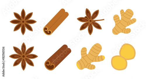 A flat illustration featuring various spices, including star anise, cinnamon sticks, and ginger roots.