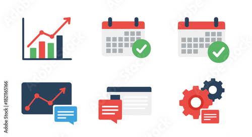 Collection of flat-design business icons including charts, calendars, speech bubbles, and gears, illustrating concepts.