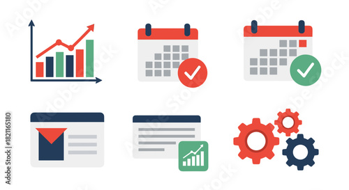 A collection of flat design icons representing business concepts: growth chart, calendars with checkmarks, email, website, and gears.