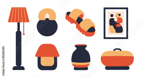 A collection of stylish, modern home decor and personal items, including lamps, a vase, and art.