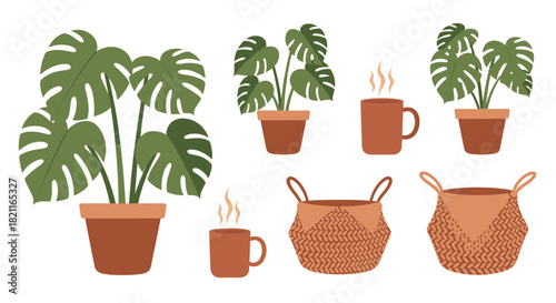 Illustration of potted Monstera plants, steaming mugs, and woven baskets arranged on a white background, suggesting a cozy, indoor setting.