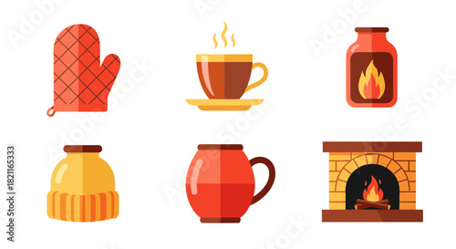 A set of six colorful flat icons representing cozy winter elements like a fireplace, hot drink, and warm hat.
