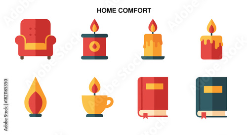 Illustration depicting elements of home comfort, including candles, a chair, and books.
