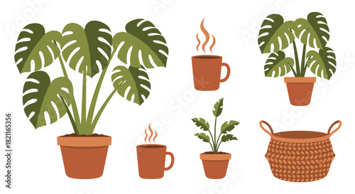 A collection of cozy home decor illustrations featuring Monstera plants, steaming mugs, and a woven basket.