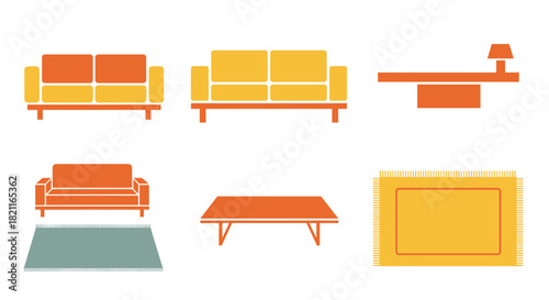 Flat vector illustration of furniture: two sofas, a side table with lamp, a loveseat, a coffee table, and a rug.