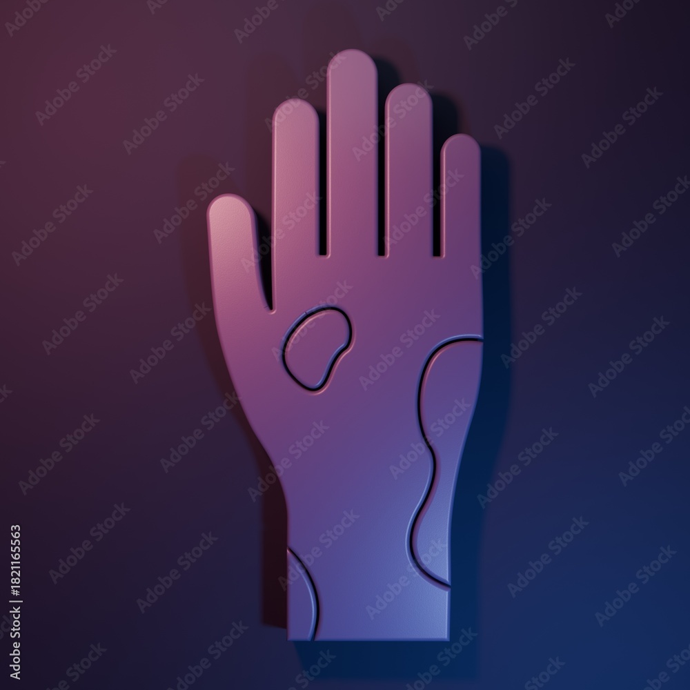 Obraz premium Purple Hand with psoriasis or eczema icon isolated on purple-blue background. Concept of human skin response to allergen or chronic body problem. Minimalism concept. 3D render illustration