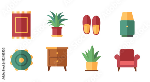 Eight flat design icons illustrating common household items, including various furniture pieces, potted plants, rugs, and comfortable slippers.