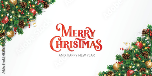 Christmas tree corner border with glitter ornaments, holly berries. Merry Christmas calligraphy lettering. Shiny glowing vector garland for elegant festive design.