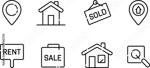 Real estate icons representing location, rent, sale, and sold properties.