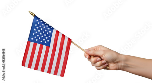 Hand Holding Small Waving American Flag on Black Background