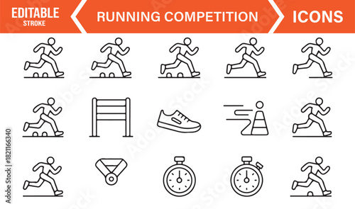 Thin line icon collection for race events, sport timing, and athletic footwear