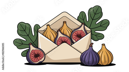 An envelope is overflowing with ripe figs and fig leaves surround the opening.