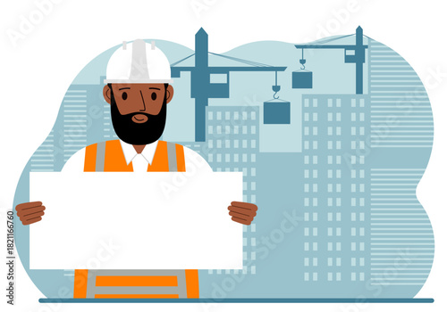 Engineer near houses under construction and construction cranes. Builder holds a large white sheet for text.