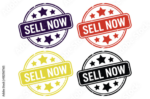 Four circular stamps with the text "SELL NOW" in different colors.