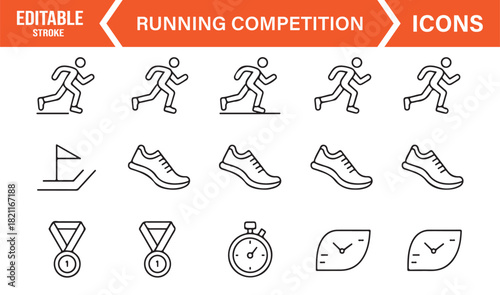 Minimal running competition outline icons featuring runners, medals, and track elements