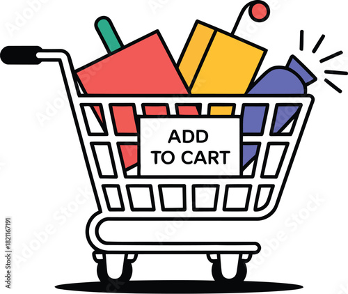 A shopping cart filled with colorful items and an "Add to Cart" sign.