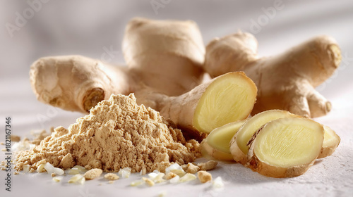 Fototapeta Naklejka Na Ścianę i Meble -  Fresh ginger root and ginger powder with sliced pieces