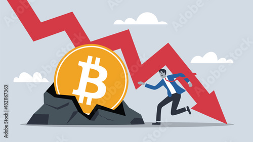 Man runs from falling Bitcoin as red arrow shows market crash.