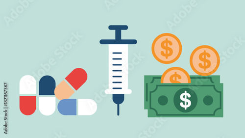Medical costs are represented by pills, a syringe, and money.