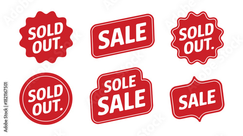 A collection of red sale and sold out signs with white text on a white background.