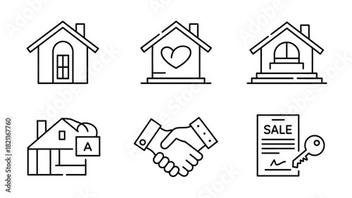 A set of line art icons representing real estate transactions and home ownership.