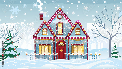 A christmas house with lights and a wreath is covered in snow during the winter season scene outdoors