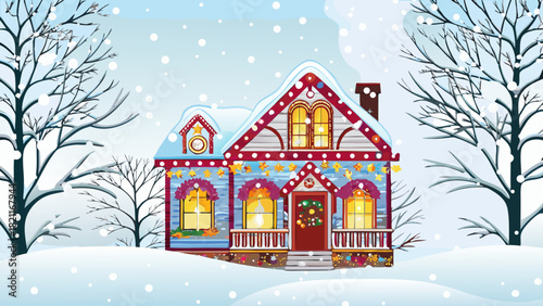A winter scene featuring a decorated house with snow covered trees and falling snowflakes creating a festive mood