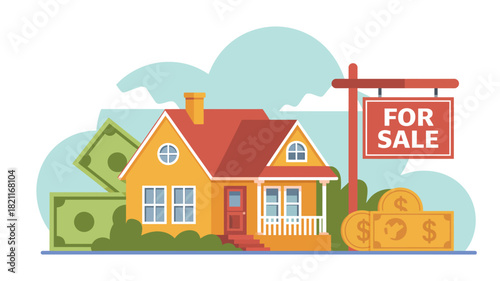 A house with a "For Sale" sign is shown with money and coins in the foreground.