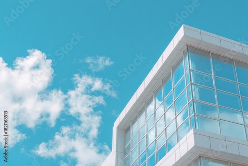 Modern building corner reflects bright blue sky and white clouds