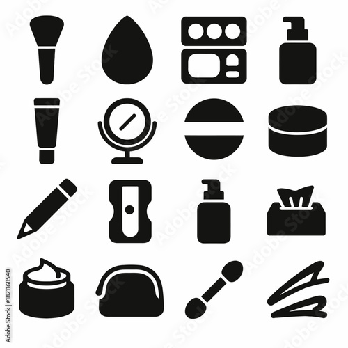 Black silhouettes of makeup and skincare tools and accessories