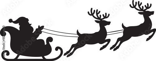 Santa Claus is flying in sleigh with Christmas reindeer. Silhouette of Santa Claus, sleigh with Christmas presents and reindeer