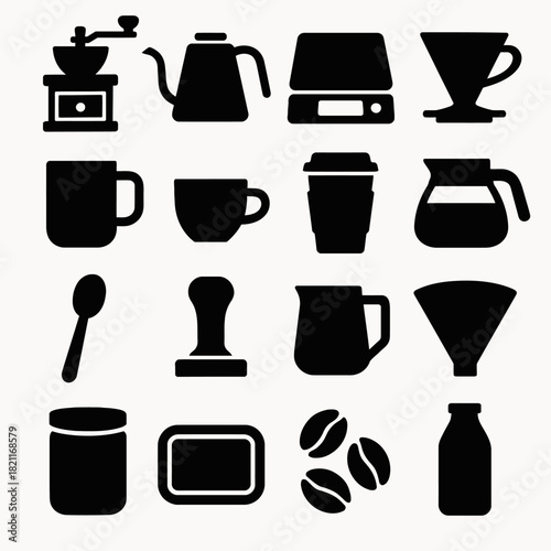 Minimalist coffee equipment silhouettes: grinder, kettle, scale, dripper, mug, and more