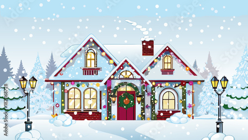 A cozy house decorated with christmas lights and a wreath during a snowy winter wonderland scene outside the home