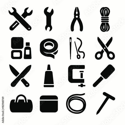 Set of black tool icons including wrench, pliers, rope, scissors, knife, glue, and spatula